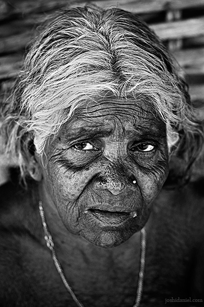 Black and white portrait of an old Irula tribe woman of Attappadi in Palakkad district of Kerala